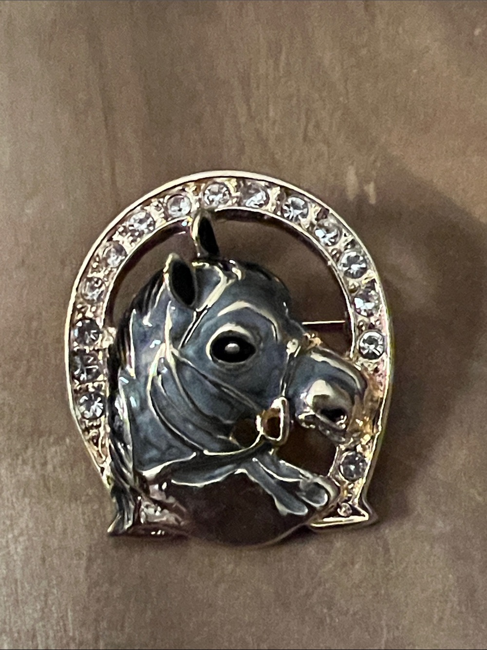 3/$18 Gold-Tone Horse Head Brooch with Clear Crystals - Black Enamel Lot 6042